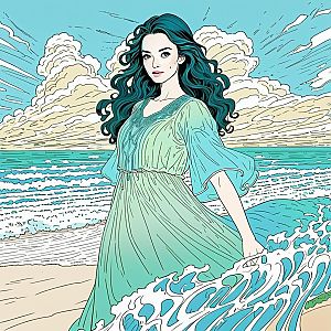 Confident Woman by Ocean Shore in Teal and Green