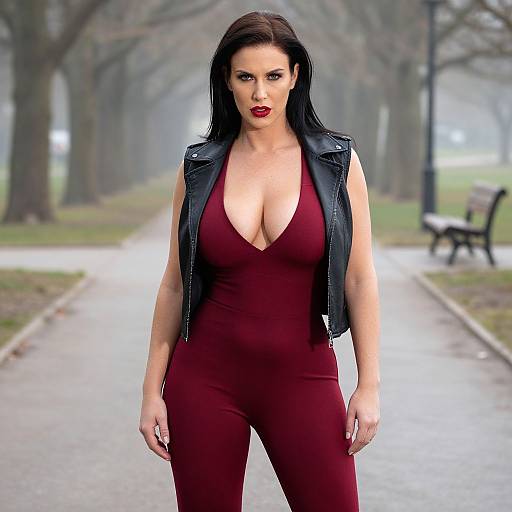 Confident Woman in Red Jumpsuit with Black Leather Vest