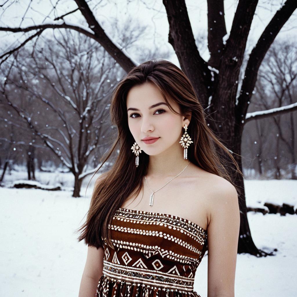 Young Woman in Strapless Brown Geometric Dress in Snowy Forest