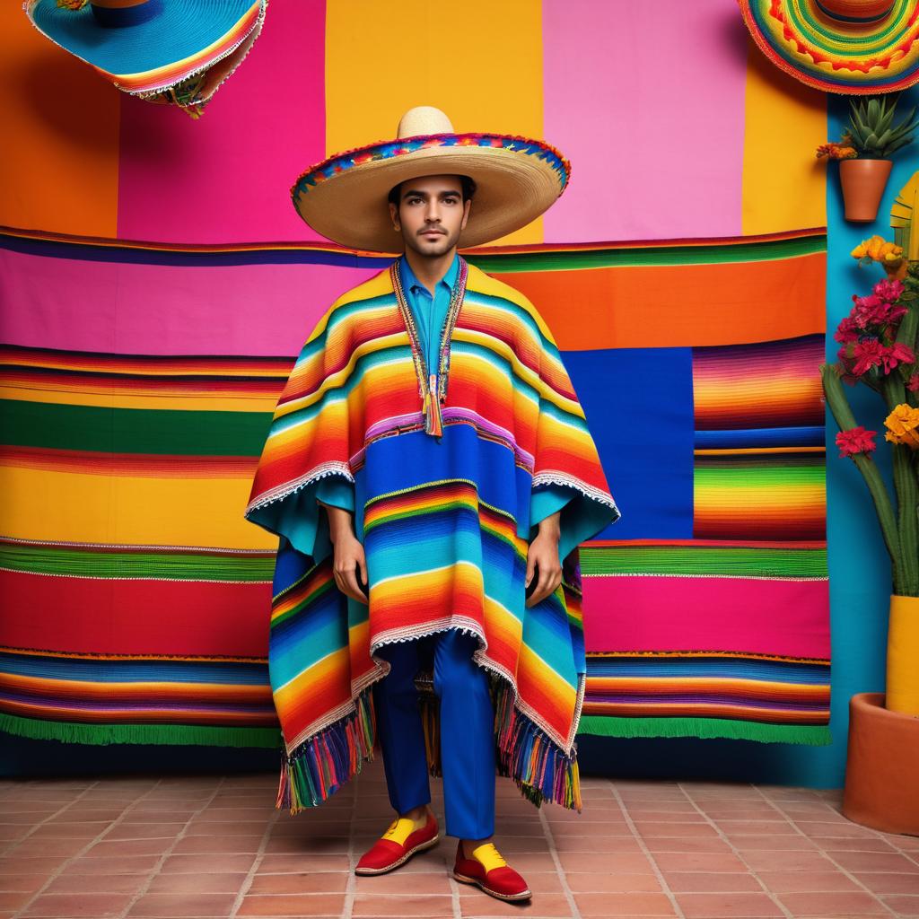 Stylish man in colorful Mexican poncho