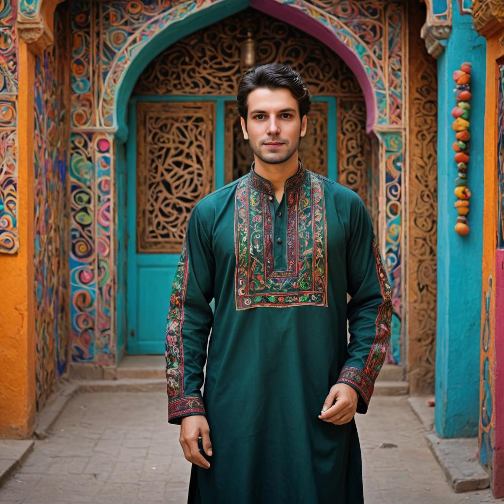 Man in traditional garment by ornate doorway