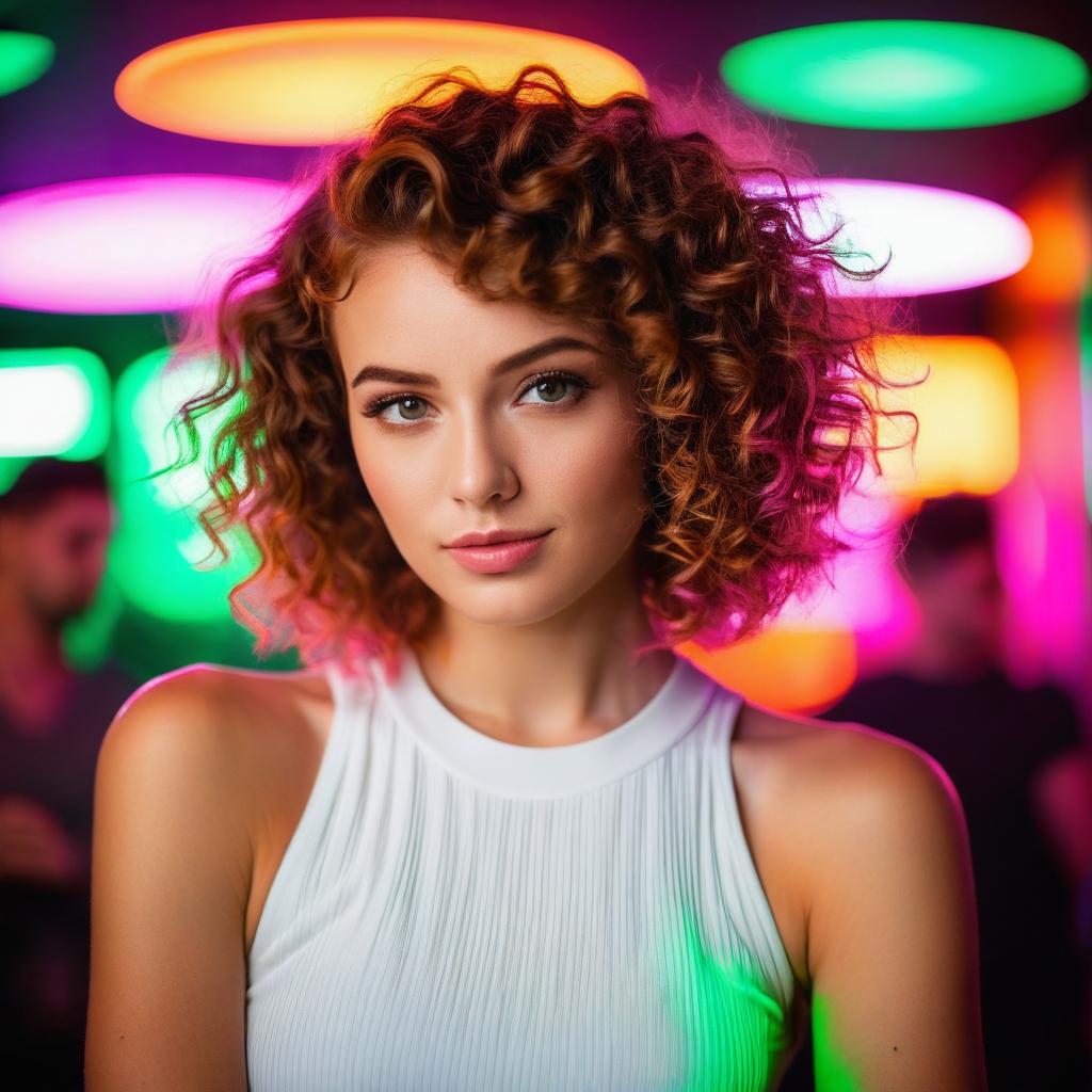 Stylish Portrait of Woman with Curly Hair and Neon Lights Background