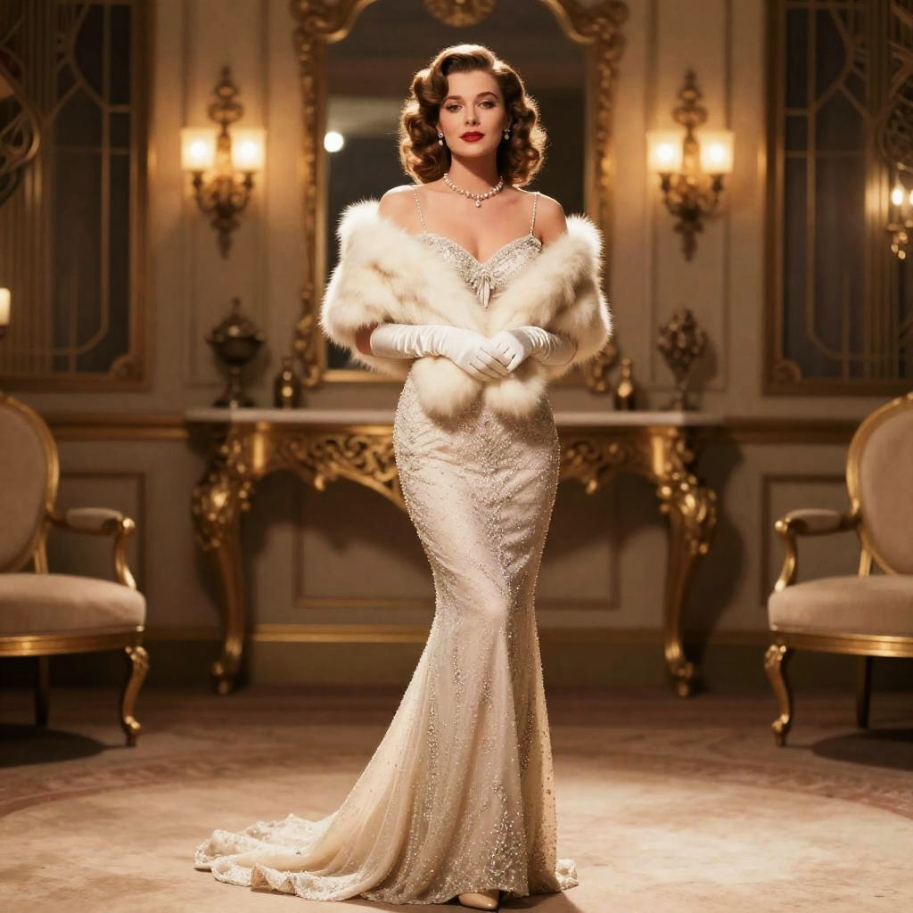 Vintage Hollywood Glamour Woman in Elegant Gown and Fur Stole