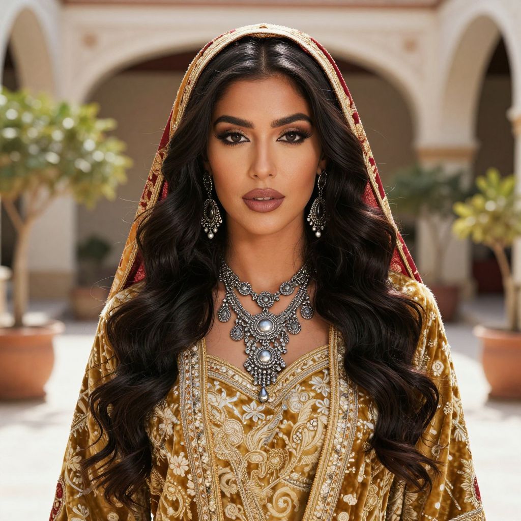 Elegant Woman in Golden Traditional Embroidered Outfit with Silver Jewelry