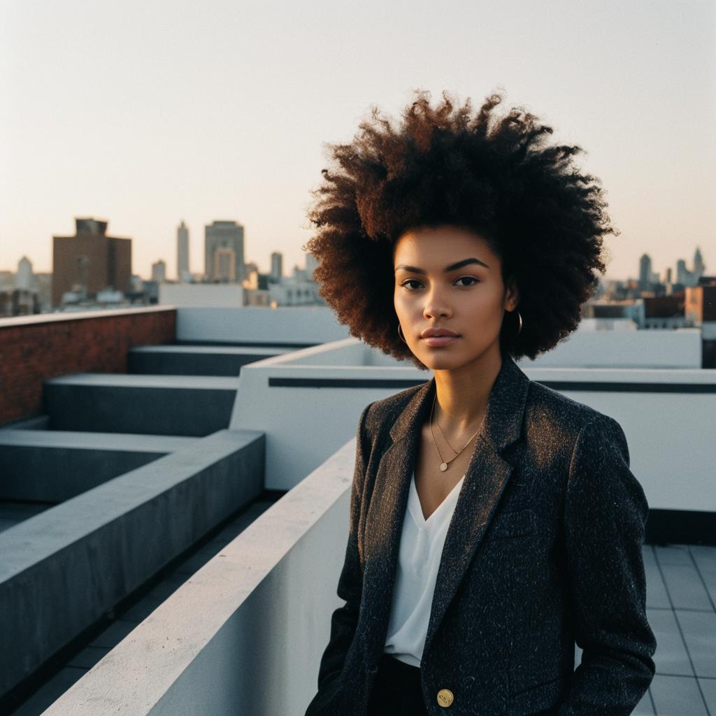 Portrait of Young Woman with Afro on Urban Rooftop at Sunset