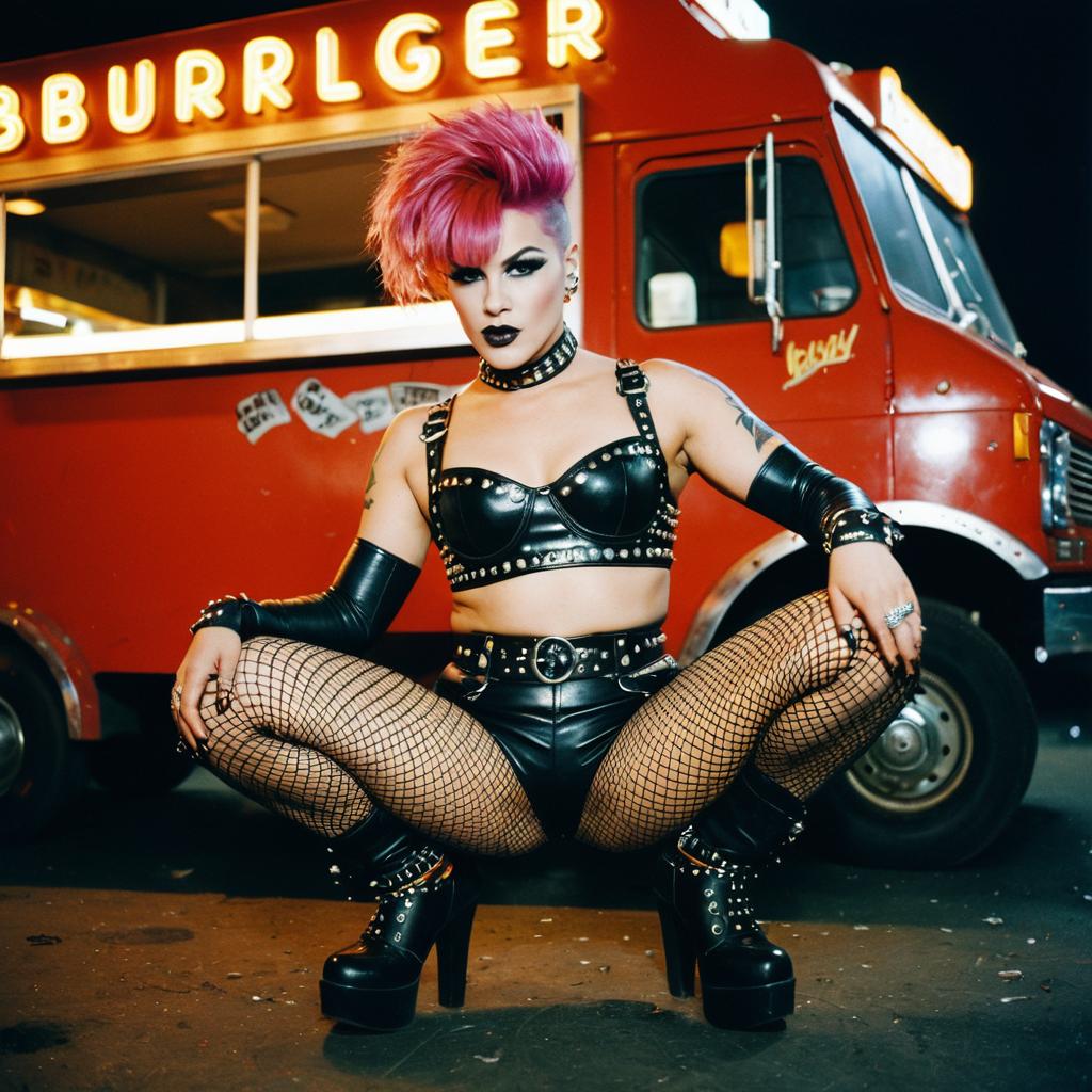 Punk Rock Woman with Pink Mohawk in Leather Outfit Posing by Food Truck