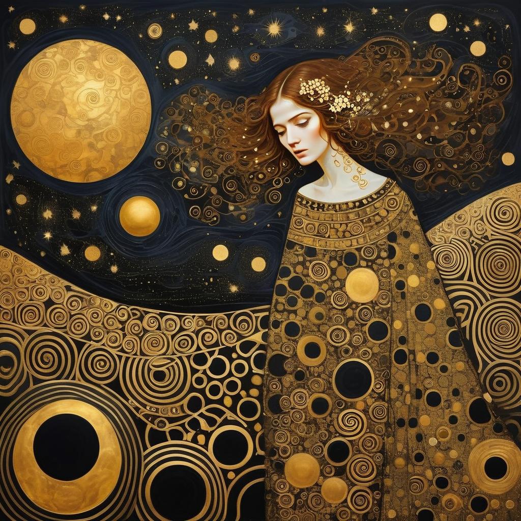 Contemplative Woman in Gold and Blue - Art Nouveau Style