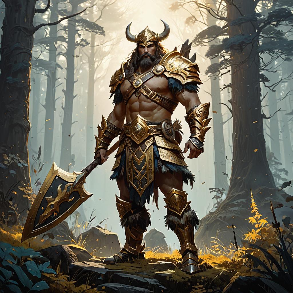 Epic Viking Warrior in Golden Armor with Axe in Mystical Forest