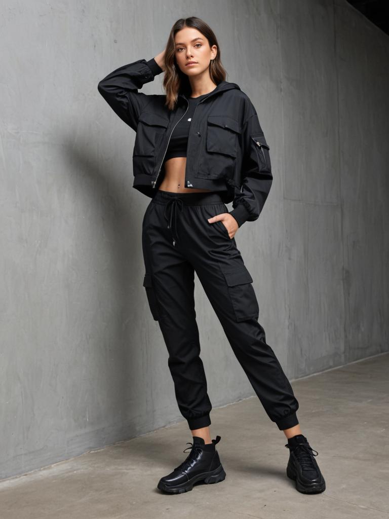 Confident Woman in Black Streetwear in Industrial Setting