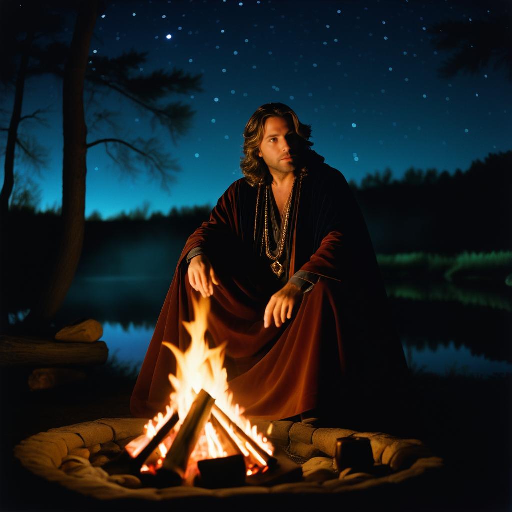 Contemplative Man by Campfire Under Stars