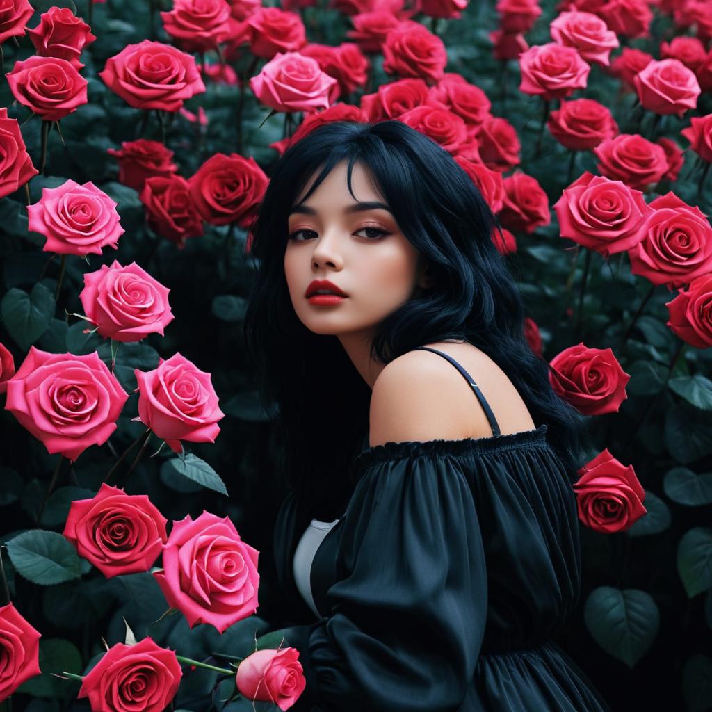 Woman Surrounded by Red Roses - Beauty and Romance