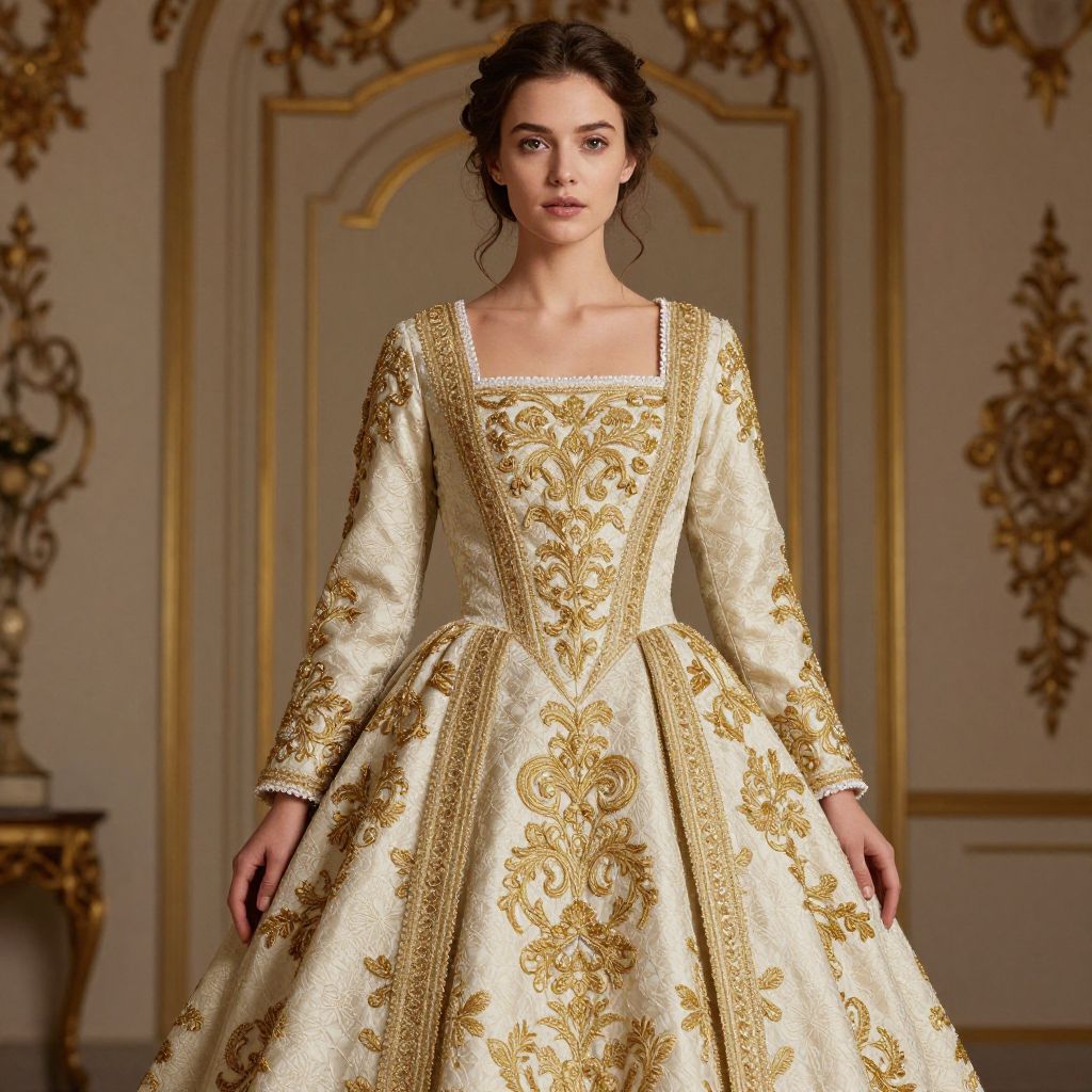 Woman Wearing Elegant Baroque Style Gown with Gold Embroidery