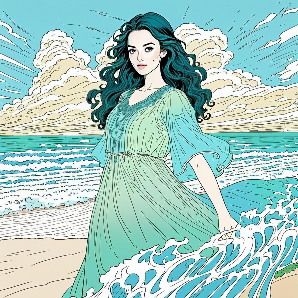 Confident Woman by Ocean Shore in Teal and Green Confident Woman by Ocean Shore in Teal and Green