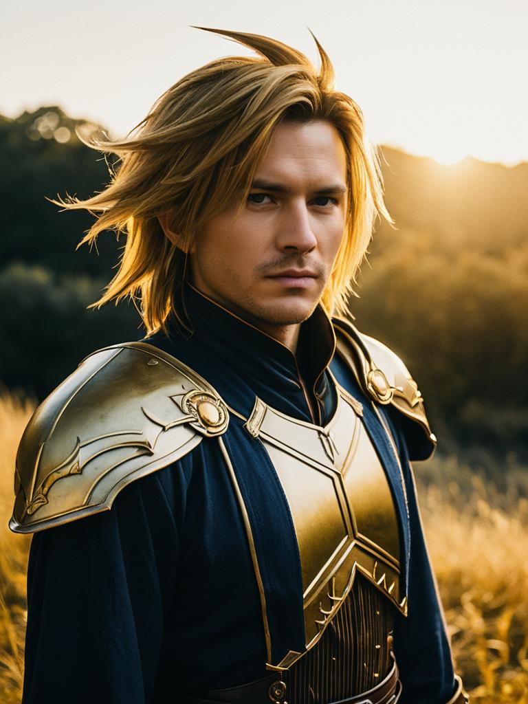 Man in Final Fantasy Costume Photorealistic Outdoor Portrait with Golden Armor