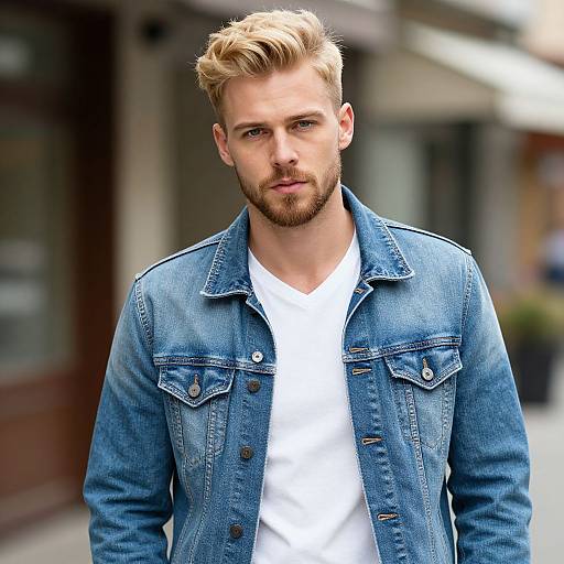 Young Man Wearing Denim Jacket and White T-Shirt Outdoor Portrait