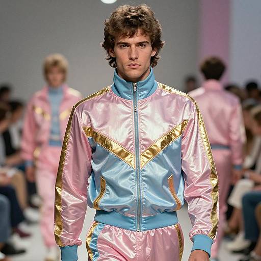 Retro 1980s Style Male Model in Pastel Pink and Blue Metallic Tracksuit on Runway