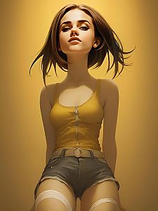 Young Woman in Stylish Outfit Against Golden Background