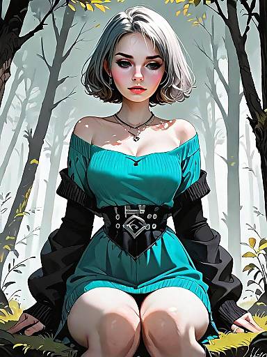 Realistic Illustration of Woman in Turquoise Off-Shoulder Bodycon Dress with Thick Cable Sleeves