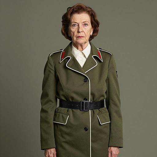Elderly Woman Wearing Vintage Military Style Olive Green Coat