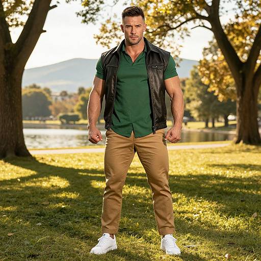 Confident Muscular Man in Leather Vest and Green Polo Shirt Outdoors