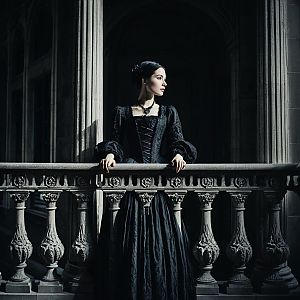 Victorian Woman in Black Gown on Historic Stone Balcony