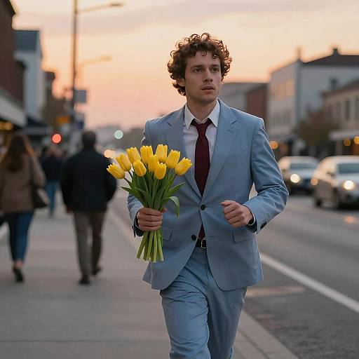 Young Man in Blue Suit Holding Yellow Tulips on City Street at Sunset