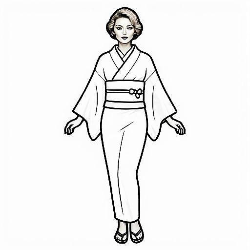 Stylish Woman Wearing Flowing Kimono Black and White Coloring Page