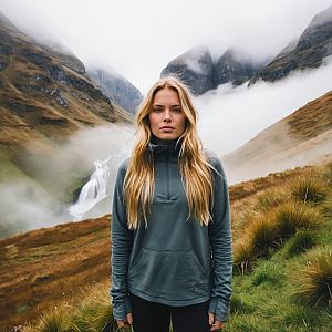 Confident Woman in Misty Mountains with Waterfall