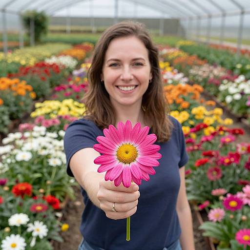 Smiling Woman Holding Pink Daisy in Colorful Greenhouse Flower Farm