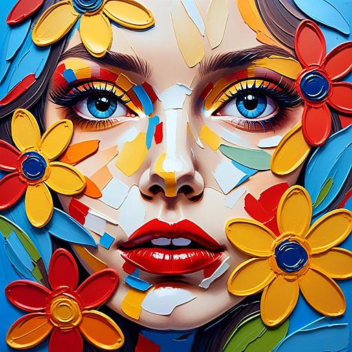 Colorful Impasto Portrait of Woman with Floral Elements