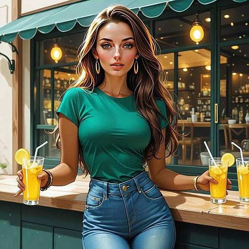Stylish Woman Holding Iced Lemon Drink at Outdoor Café Digital Art