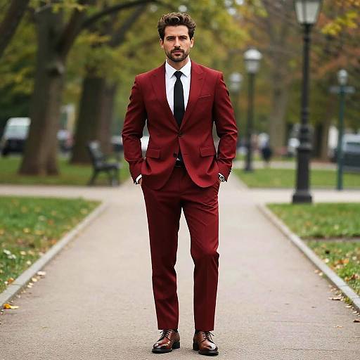Man in Burgundy Suit Walking in Park Fashion Style