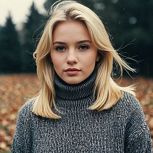 Blonde Woman in Gray Turtleneck Outdoors in Autumn