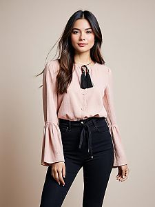 Woman in Contemporary Casual Blush Pink Blouse with Round Neckline and Black Pants
