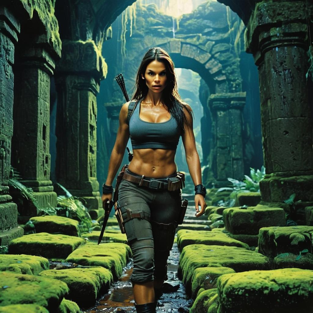 Woman Explorer in Moss-Covered Ancient Temple Ruins Adventure