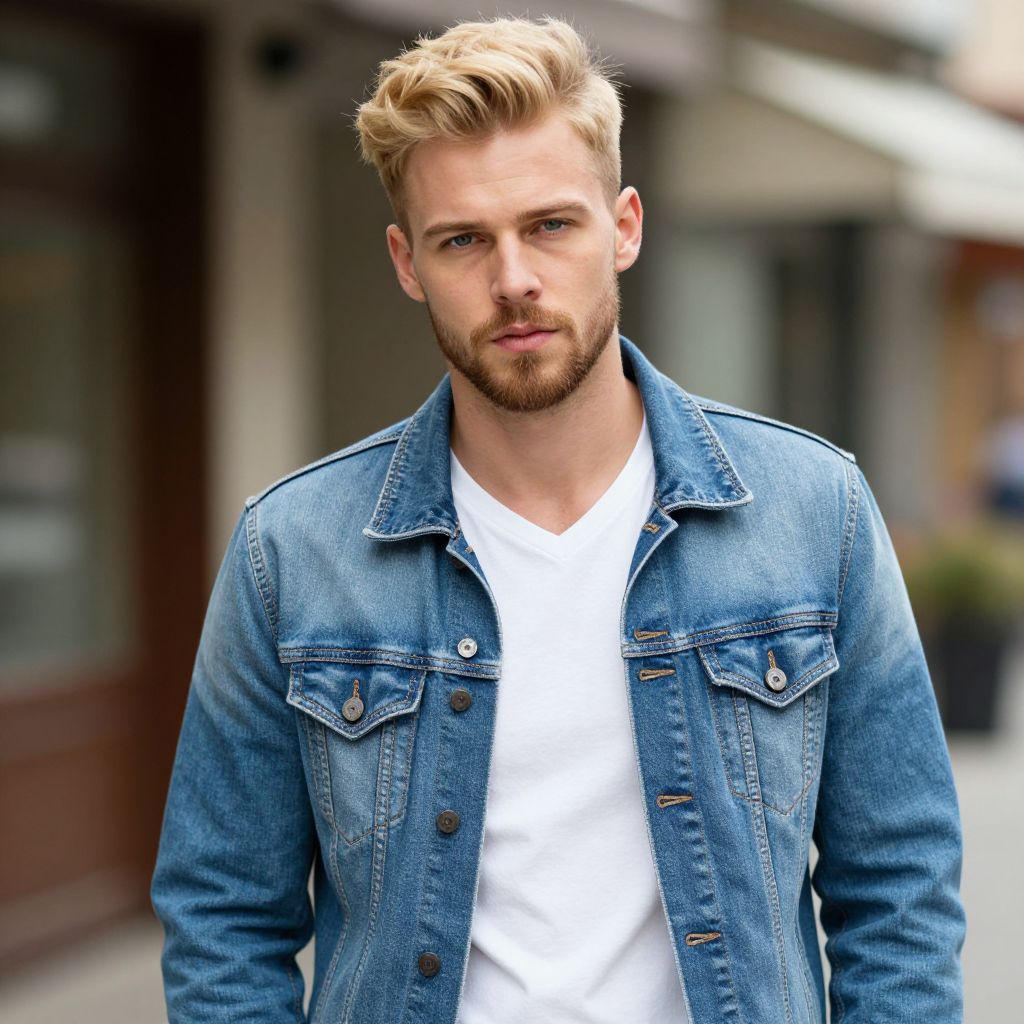 Young Man Wearing Denim Jacket and White T-Shirt Outdoor Portrait