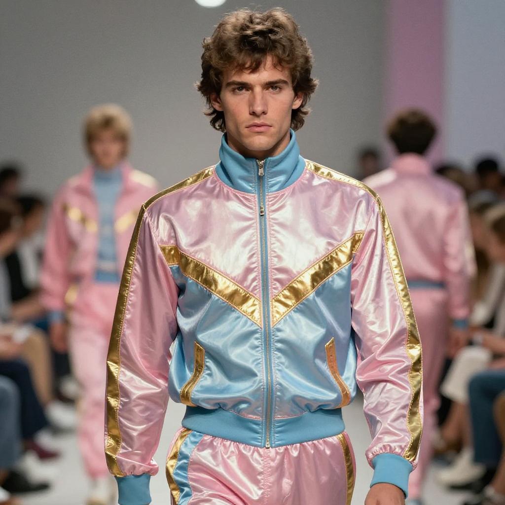 Retro 1980s Style Male Model in Pastel Pink and Blue Metallic Tracksuit on Runway