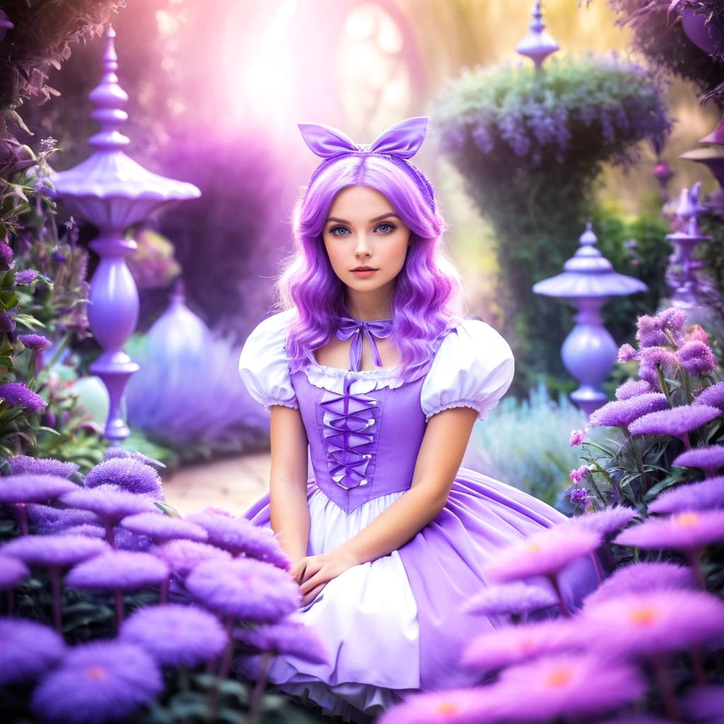 Young Woman in Lavender Dress in Surreal Garden