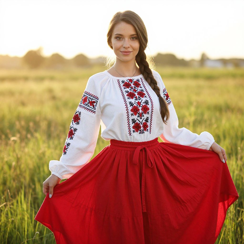 Young Woman in Traditional Eastern European Embroidered Outfit in Sunlit Field