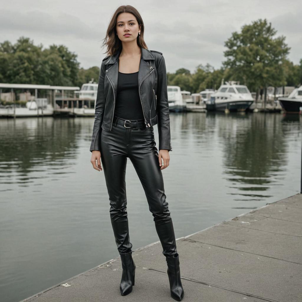 Confident Woman in Leather Jacket at Marina