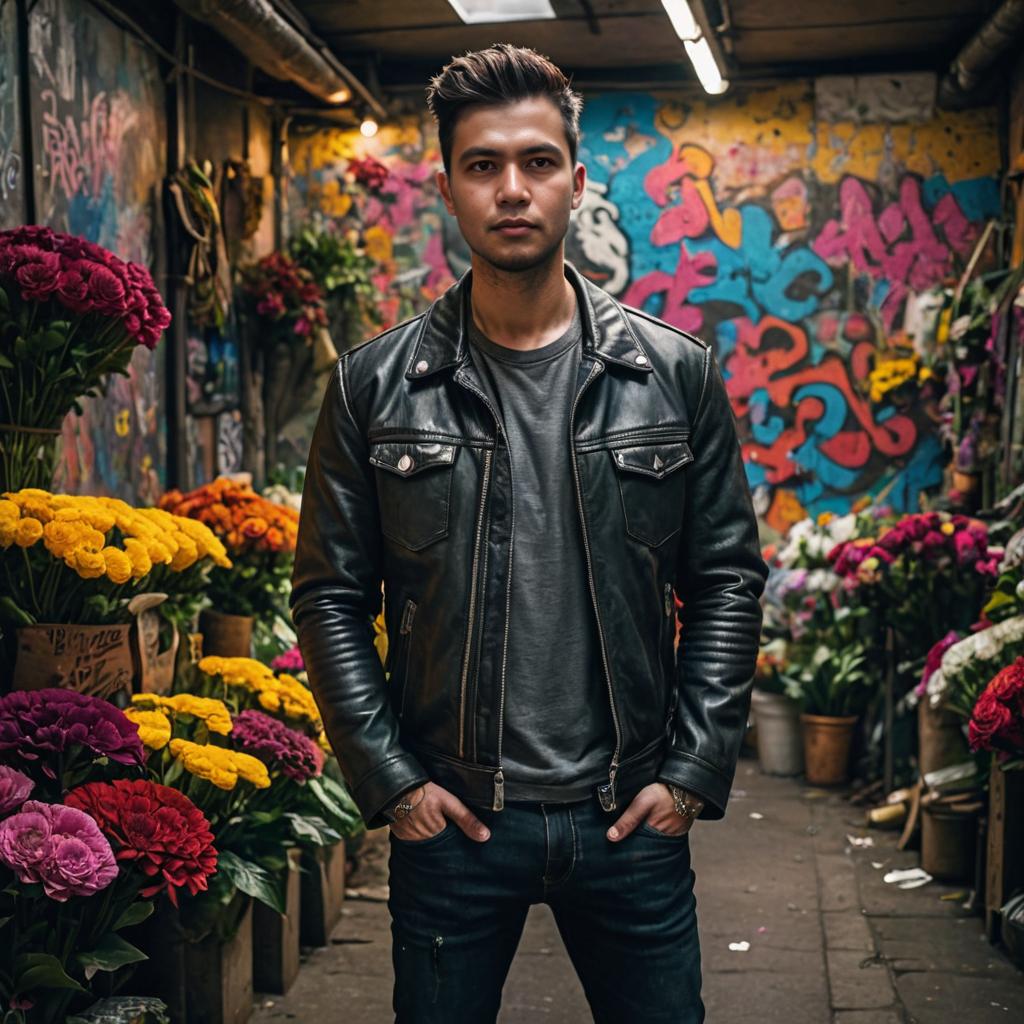 Confident Man in Leather Jacket with Floral Background