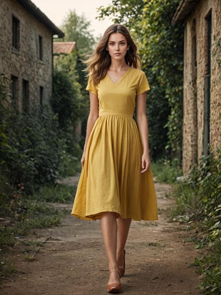 Woman in Mustard Yellow Dress on Rustic Village Pathway