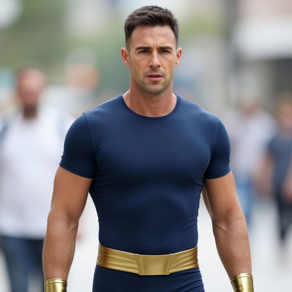 Fit Man in Navy Blue Shirt with Gold Accessories in Urban Setting