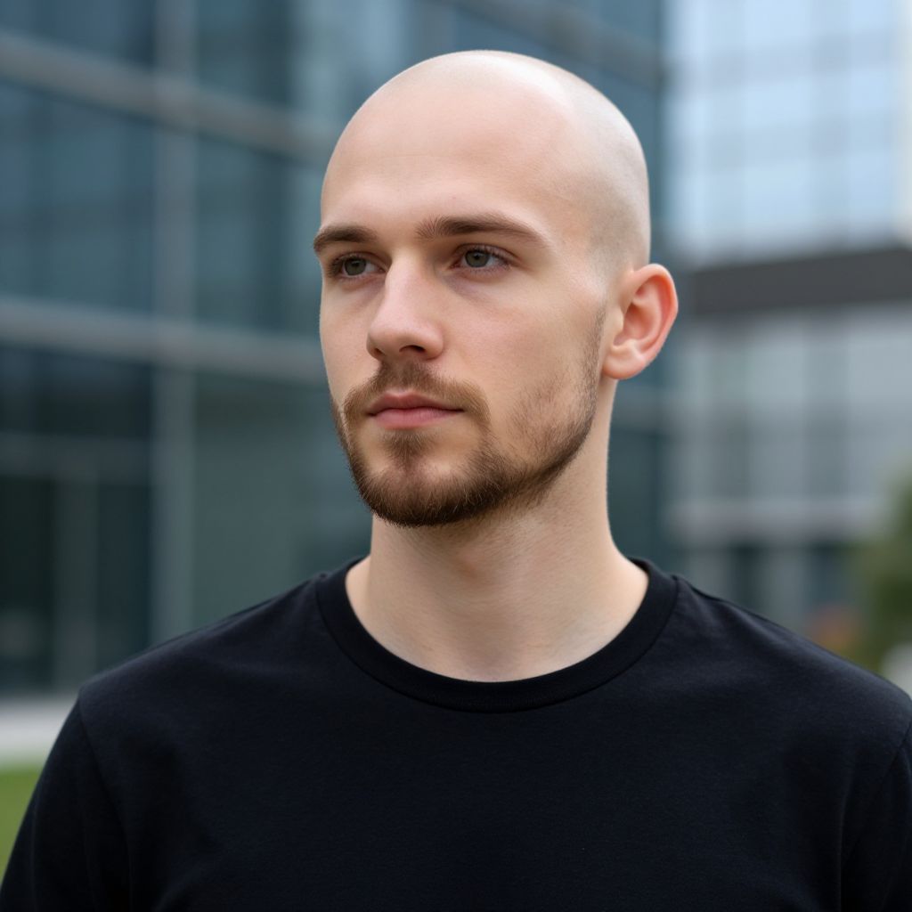 Portrait of a Thoughtful Bald Man in Black T-Shirt Outside Modern Glass Building