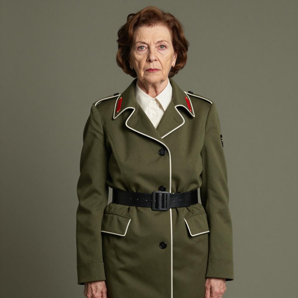 Elderly Woman Wearing Vintage Military Style Olive Green Coat
