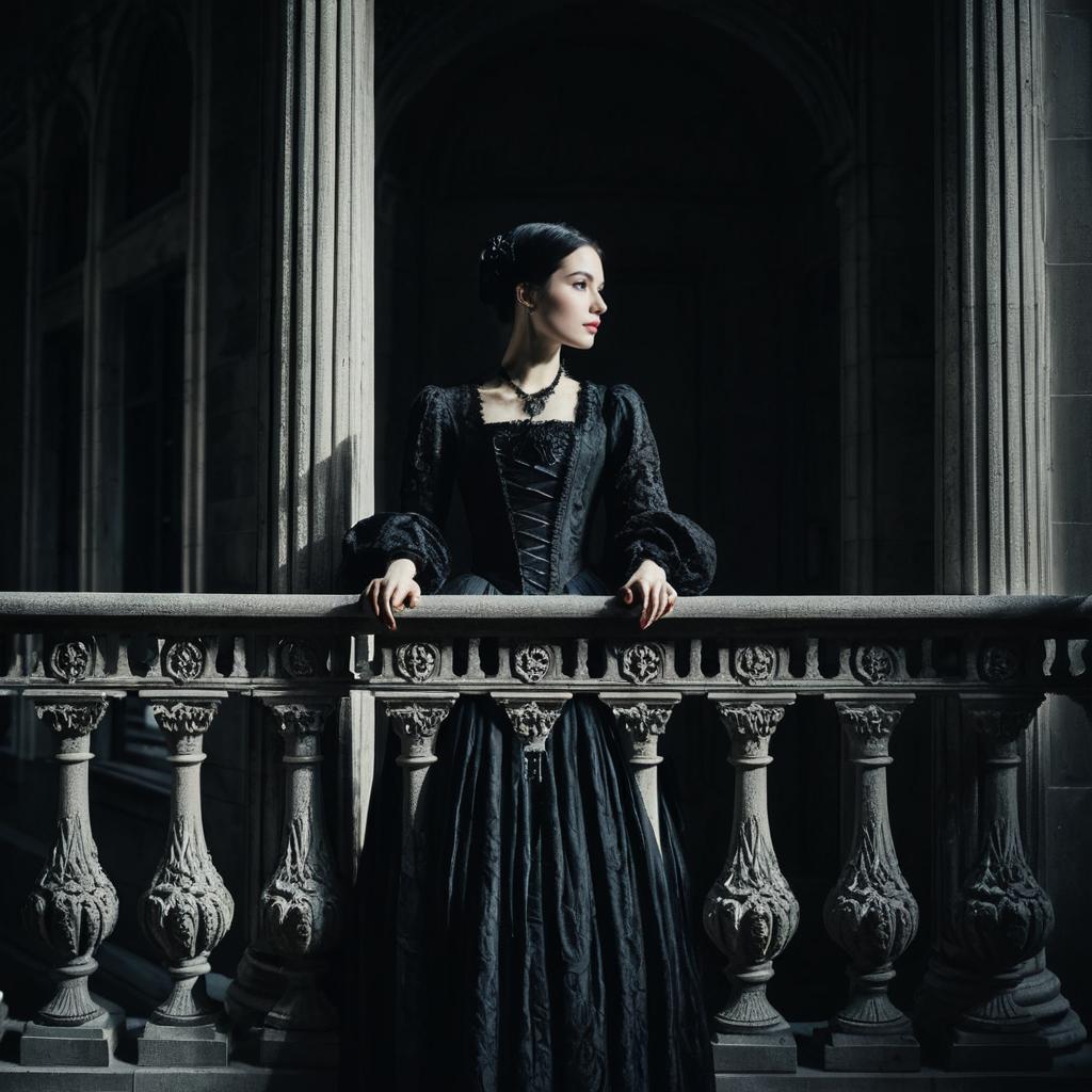 Victorian Woman in Black Gown on Historic Stone Balcony Victorian Woman in Black Gown on Historic Stone Balcony