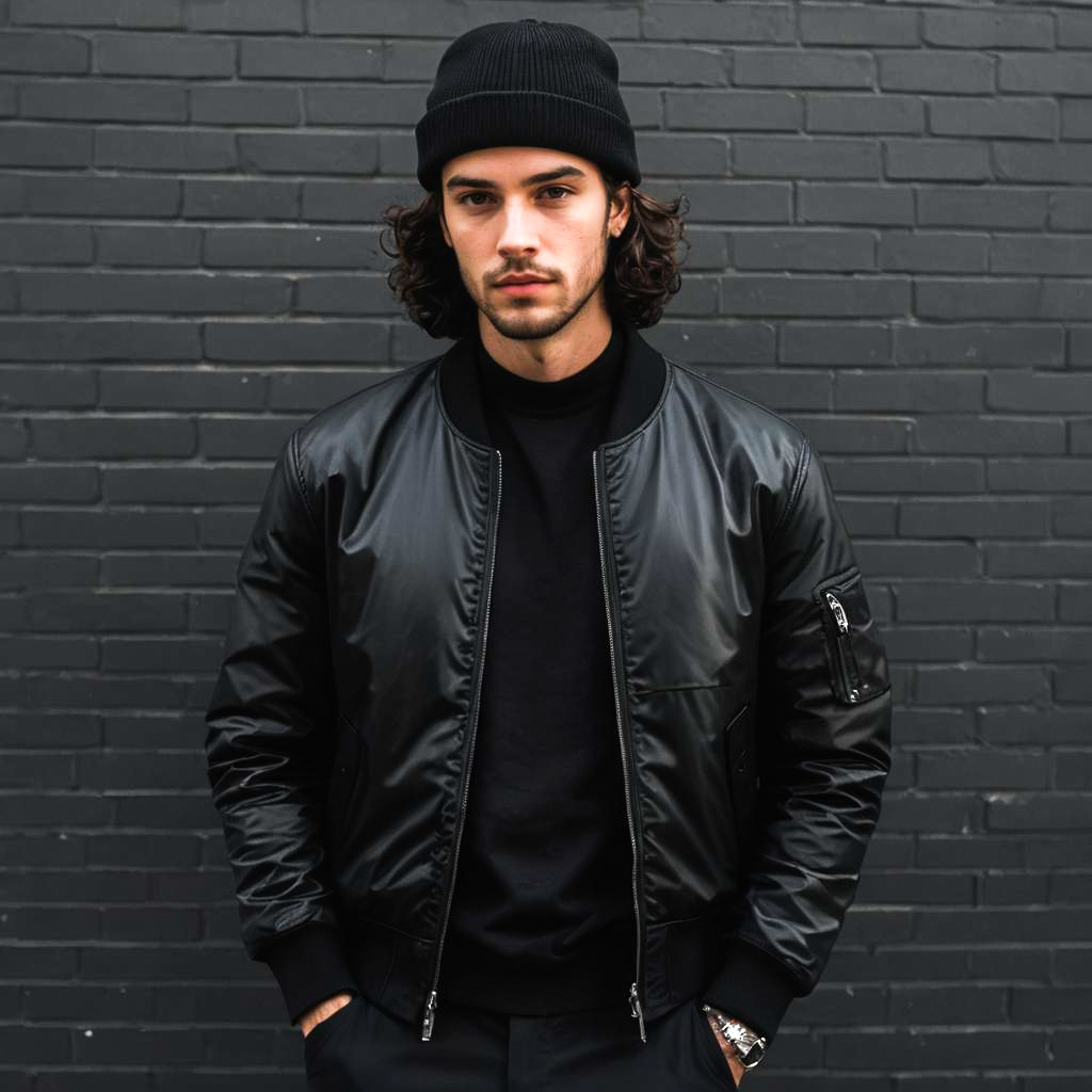 Young Man in Stylish Black Bomber Jacket Against Dark Brick Wall