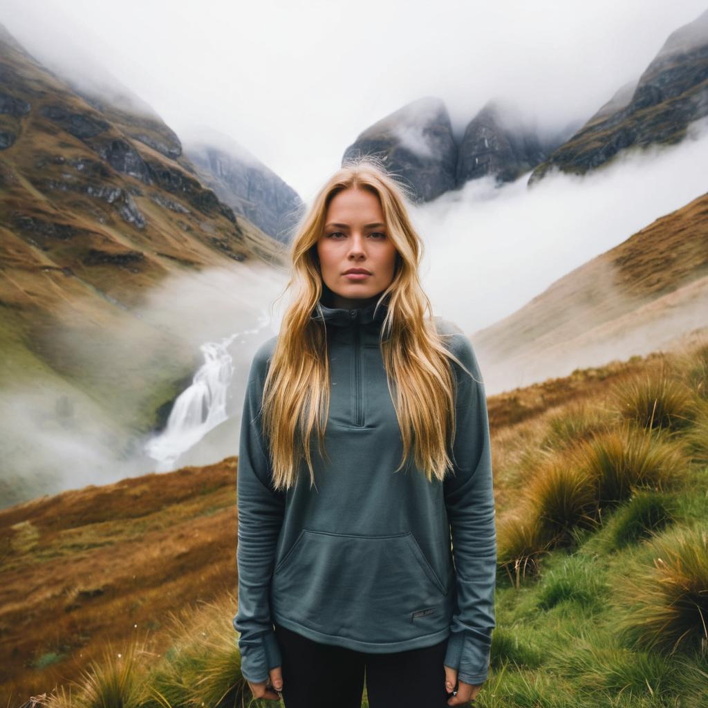 Confident Woman in Misty Mountains with Waterfall Confident Woman in Misty Mountains with Waterfall