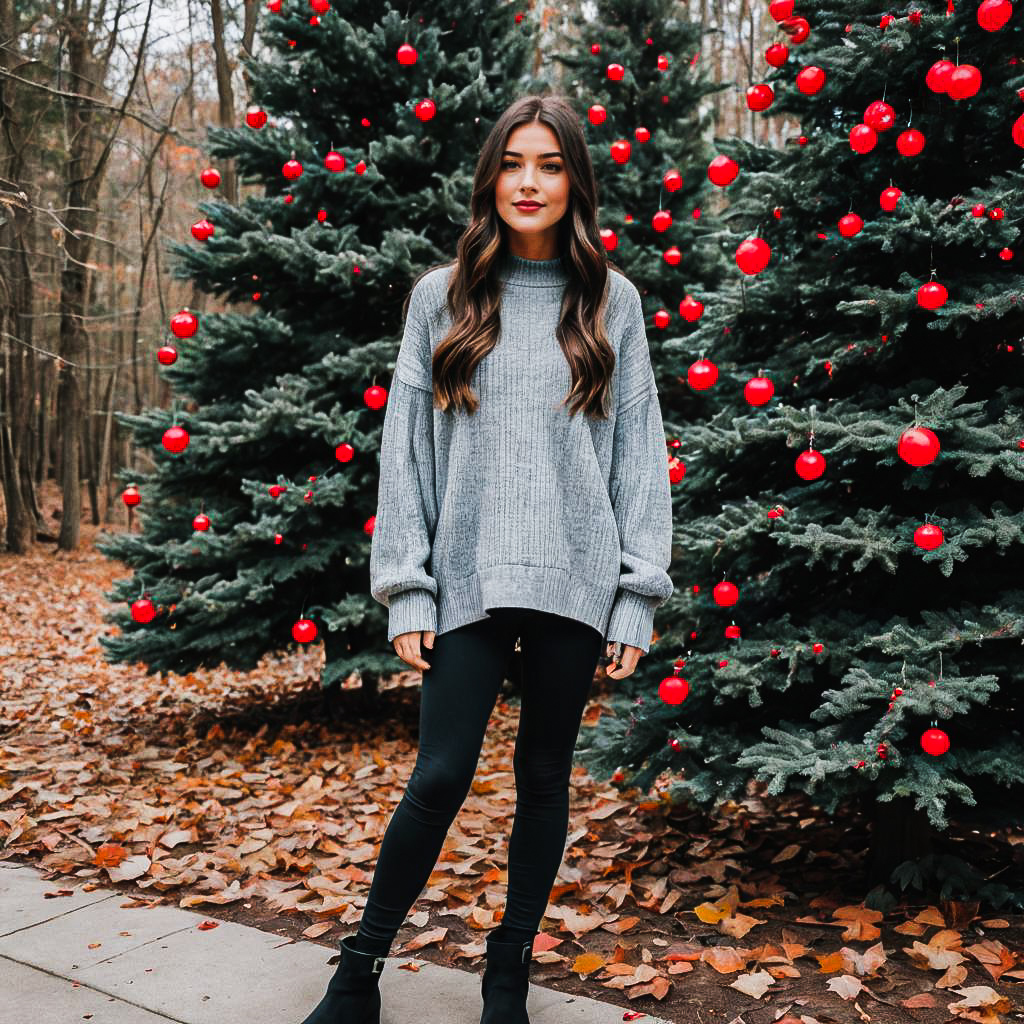 Woman Among Christmas Trees in Cozy Winter Attire