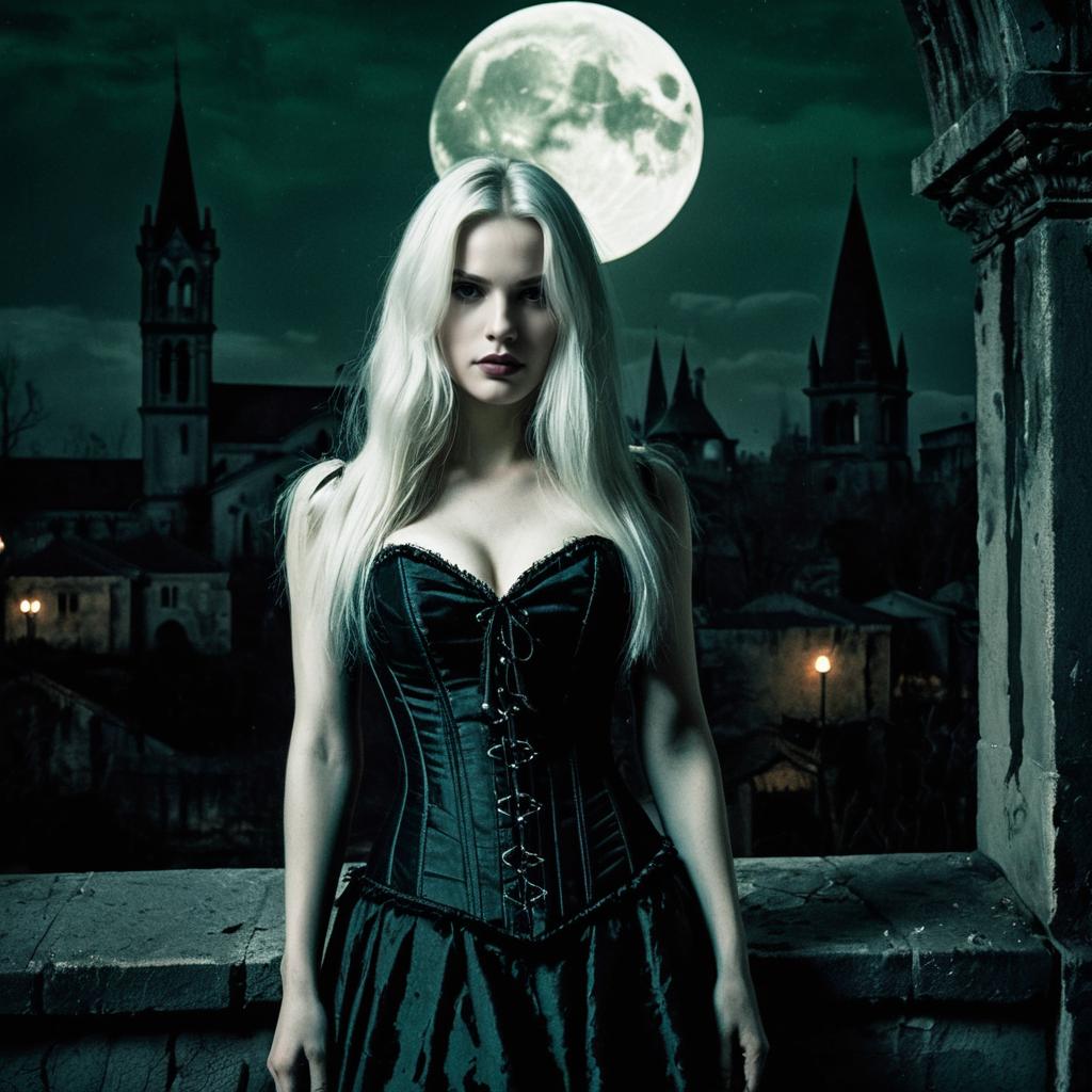 Gothic Woman in Black Corset Under Full Moon with Spired Village Night Background